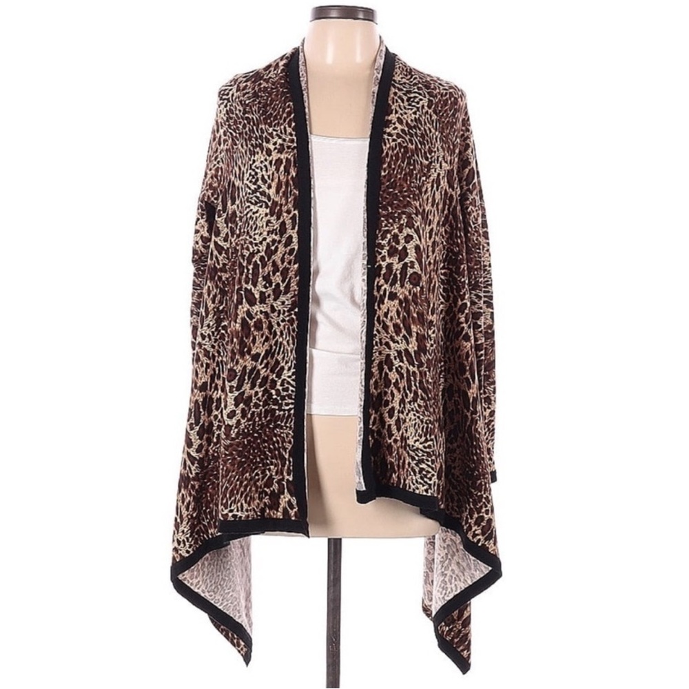 BCBG Max Azria Assymetrical Cheetah Leopard Open Front Cardigan Sweater M Medium
